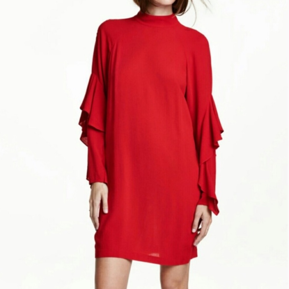H&M Ruffle Sleeve Mock Neck Shift Dress Red sz 2